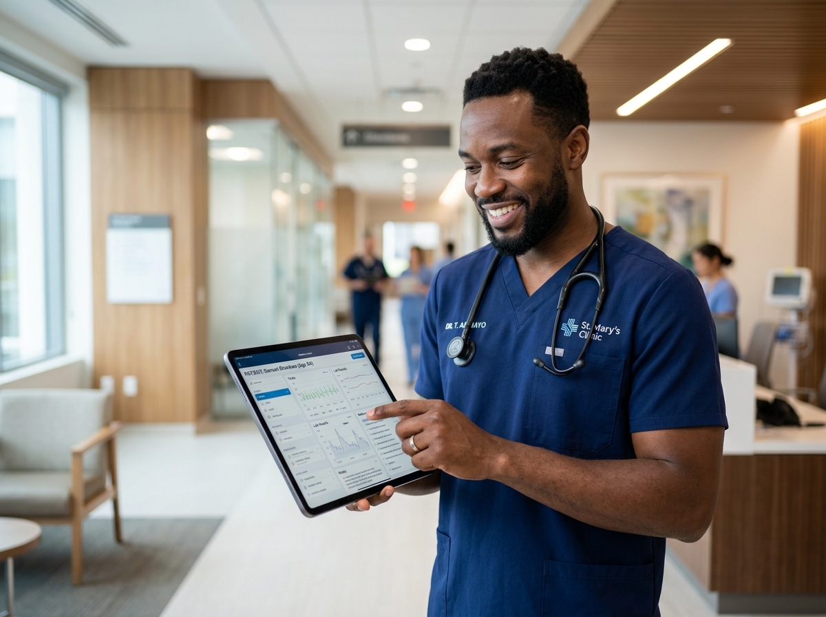 Nigerian Doctor conducting clinical rounds with OmniviewOS on a tablet